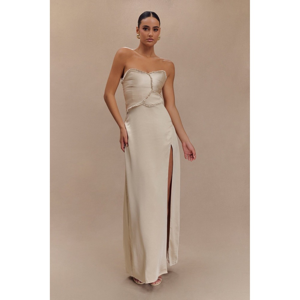 Meshki Larissa Blush Gold Satin Ruched Petal Strapless Maxi Dress Medium